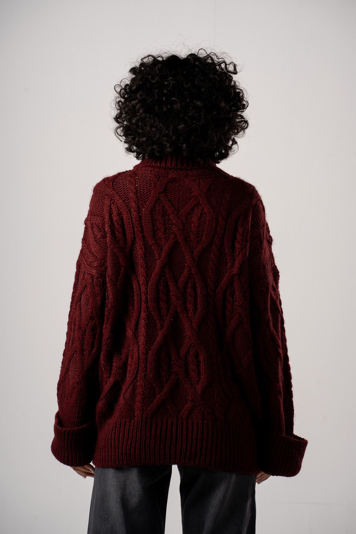 Burgundy Chunky Mock Neck Cable Pullover